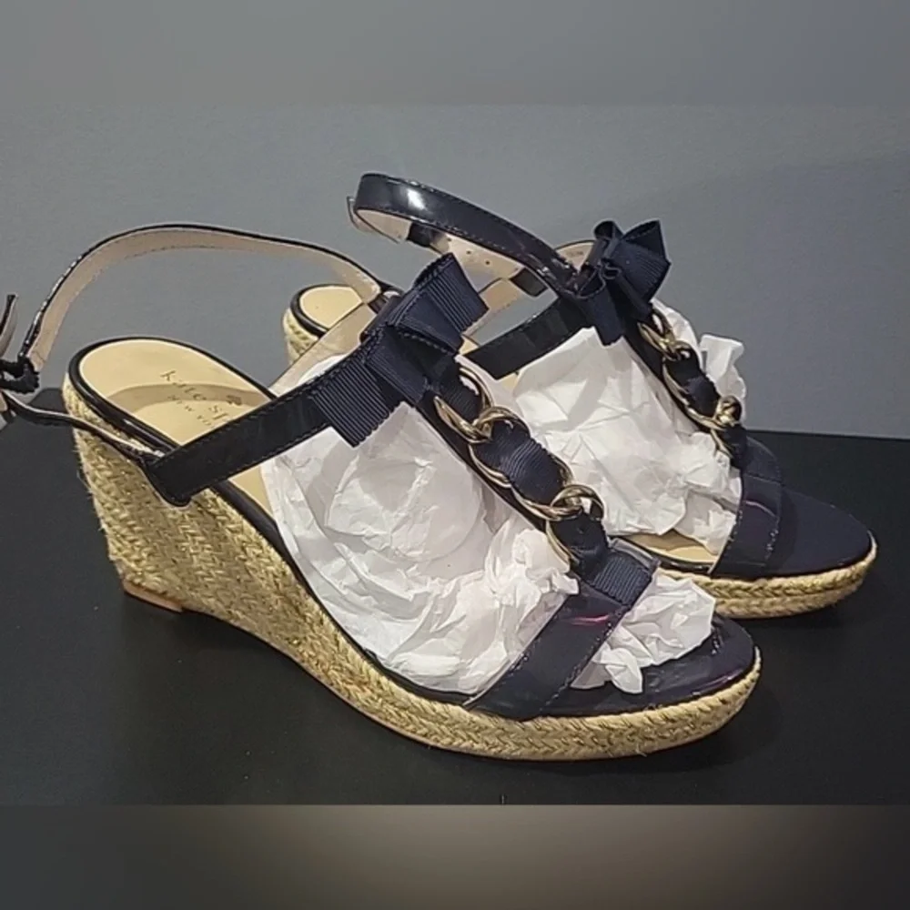 UEC KATE SPADE PATENT NAVY BLUE 3.5” WEDGE ESPADRILLE GOLD HARDWARE SZ 9 PERFECT